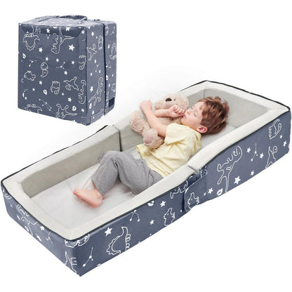 JOYWOO Toddler Travel Bed front view showing gray constellation pattern velvet cover.