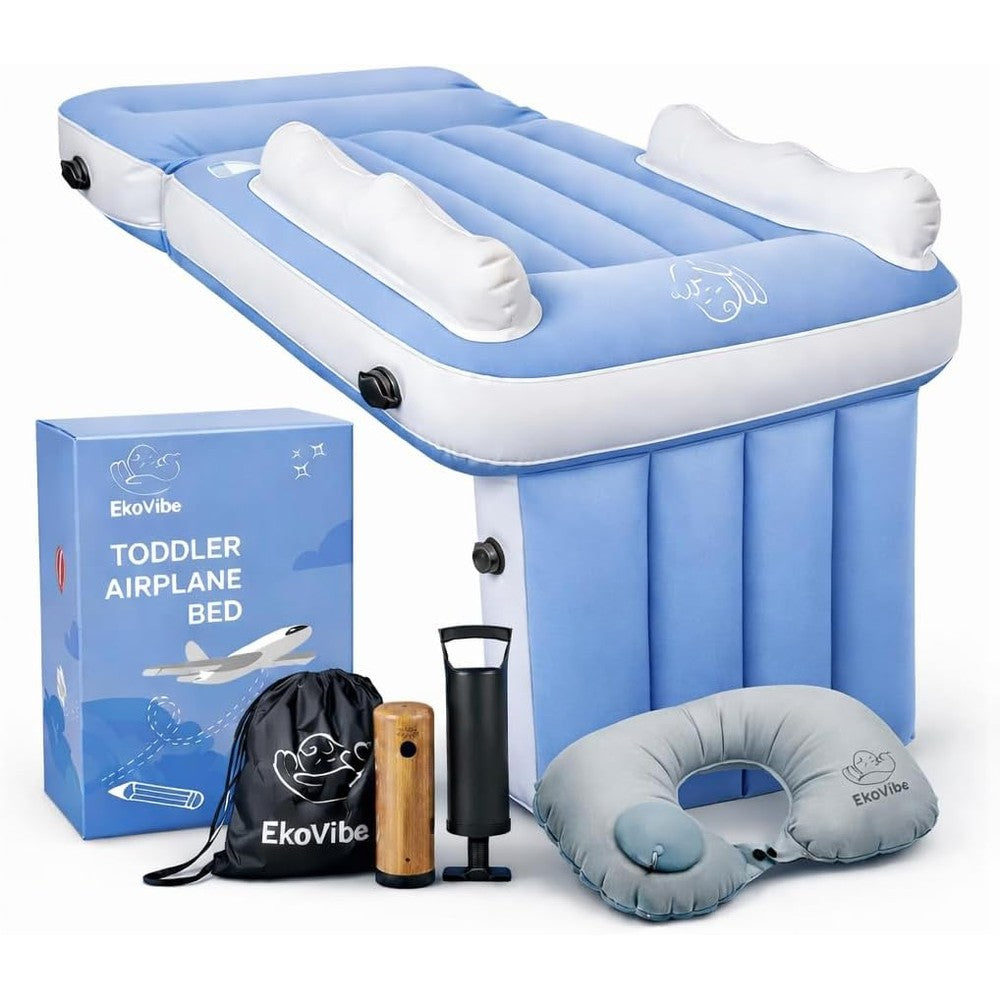 LuxiGlo inflatable airplane travel bed for toddlers front view setup on an airplane seat