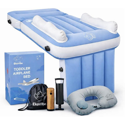 LuxiGlo inflatable airplane travel bed for toddlers front view setup on an airplane seat