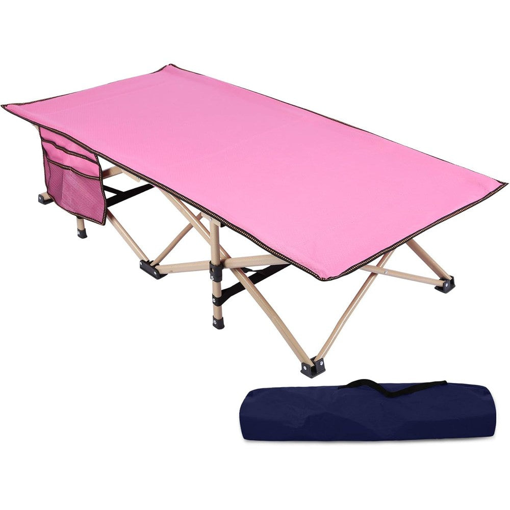 REDCAMP extra long kids foldable camping cot pink front view open with mattress pad