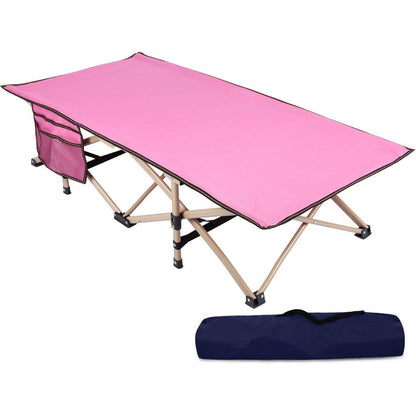REDCAMP extra long kids foldable camping cot pink front view open with mattress pad