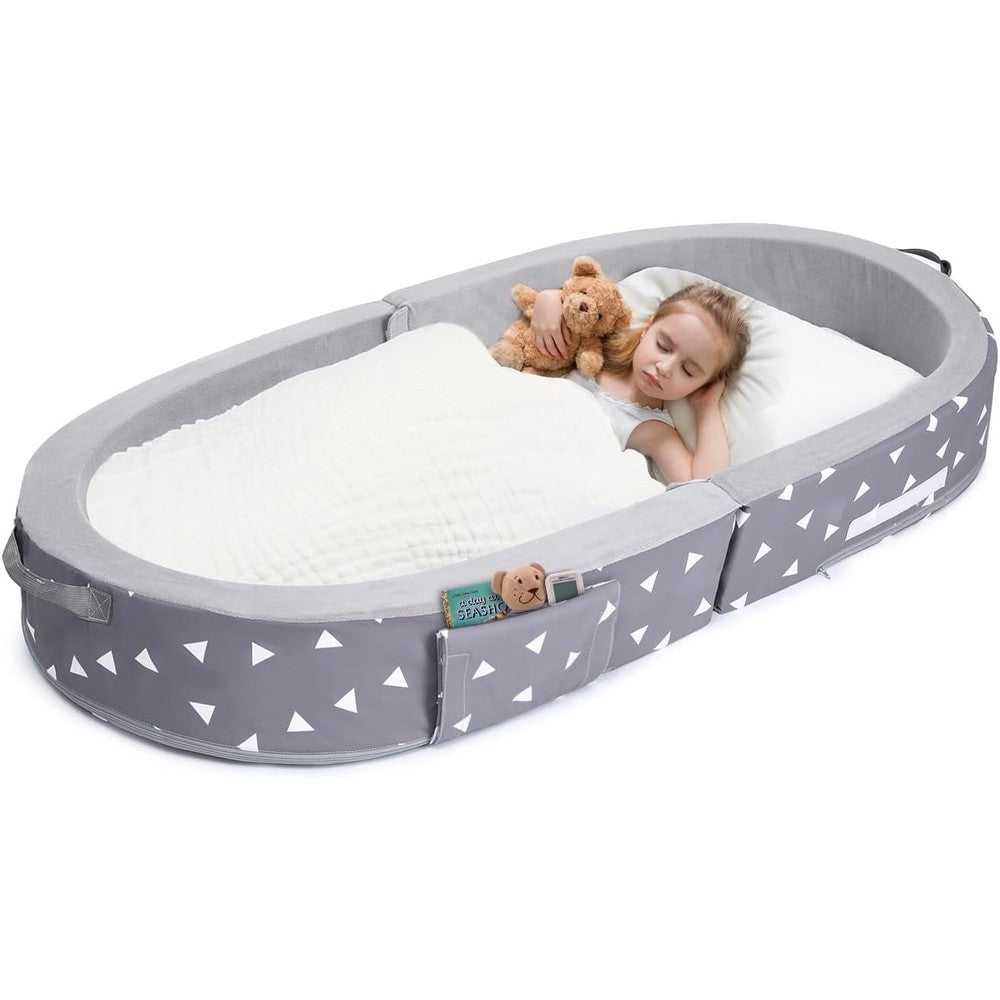 Mooedcoe portable foldable toddler travel bed front view showing grey triangle pattern and protective foam sides.