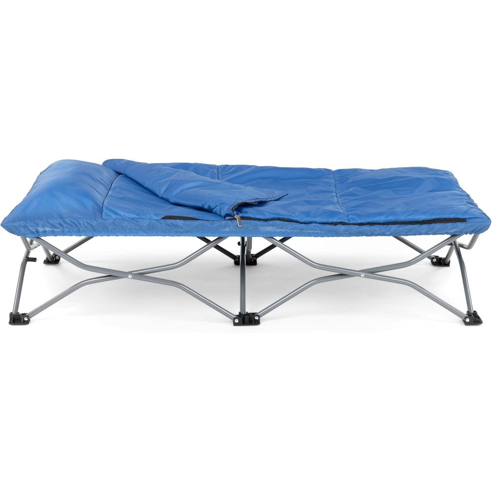 Regalo My Cot Deluxe Portable Toddler Bed front view featuring the sturdy blue folding steel frame and attached sleeping bag.