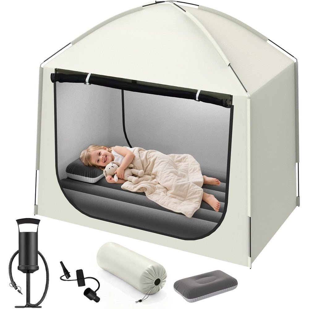 Abdtech inflatable toddler travel bed with tent front view showing the bright grey canopy and mesh walls