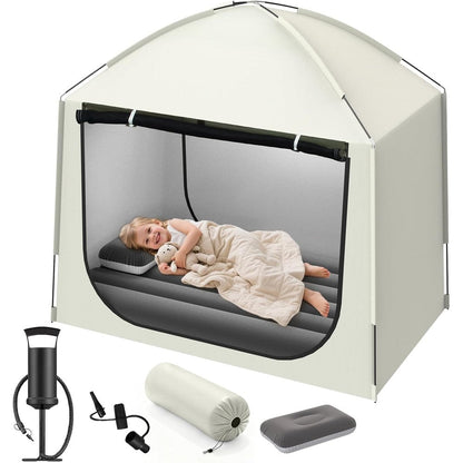 Abdtech inflatable toddler travel bed with tent front view showing the bright grey canopy and mesh walls
