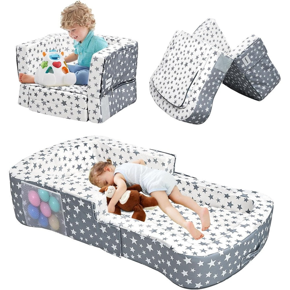 Angelbecke toddler travel bed and chair front view showing flat crib layout with grey star pattern.