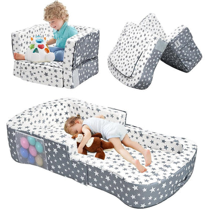 Angelbecke toddler travel bed and chair front view showing flat crib layout with grey star pattern.