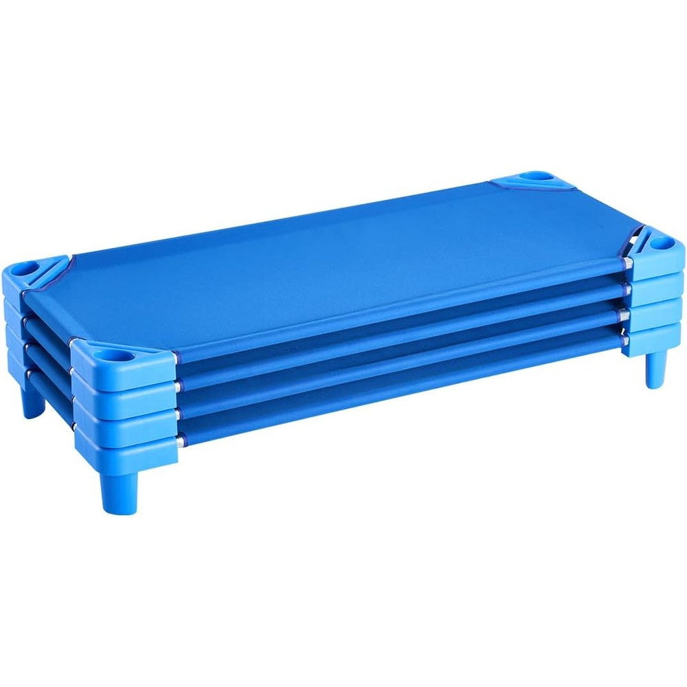 VEVOR stackable kiddie cot front view showcasing the vibrant blue breathable Oxford fabric sleeping surface.