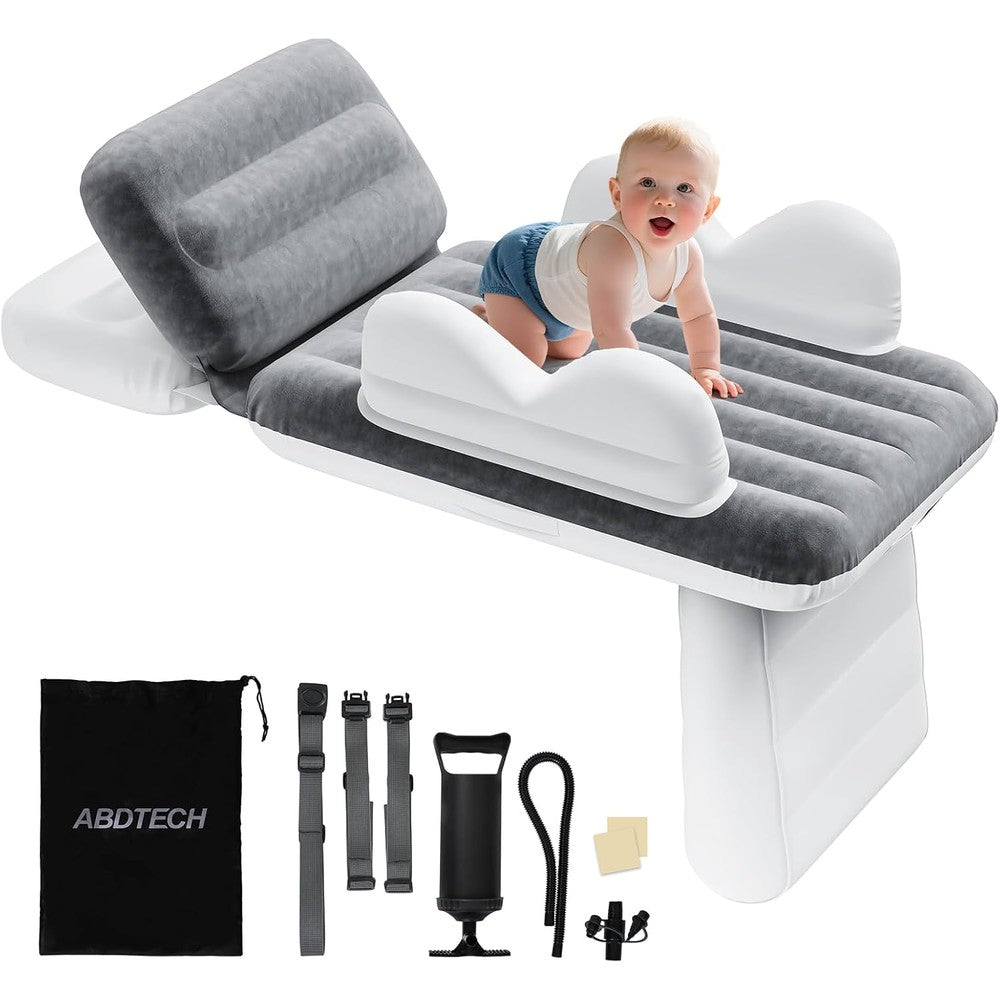 Abdtech inflatable toddler airplane bed front view displaying the soft grey flocked mattress surface and white safety side rails.