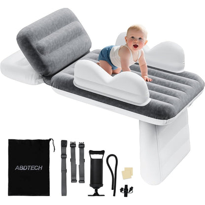 Abdtech inflatable toddler airplane bed front view displaying the soft grey flocked mattress surface and white safety side rails.