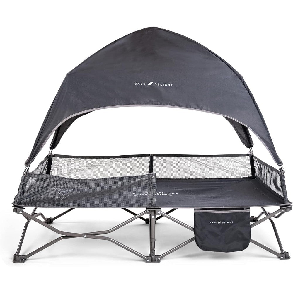 Baby Delight Go With Me Bungalow Deluxe Portable Cot front view with sun canopy attached