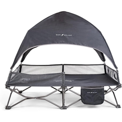 Baby Delight Go With Me Bungalow Deluxe Portable Cot front view with sun canopy attached