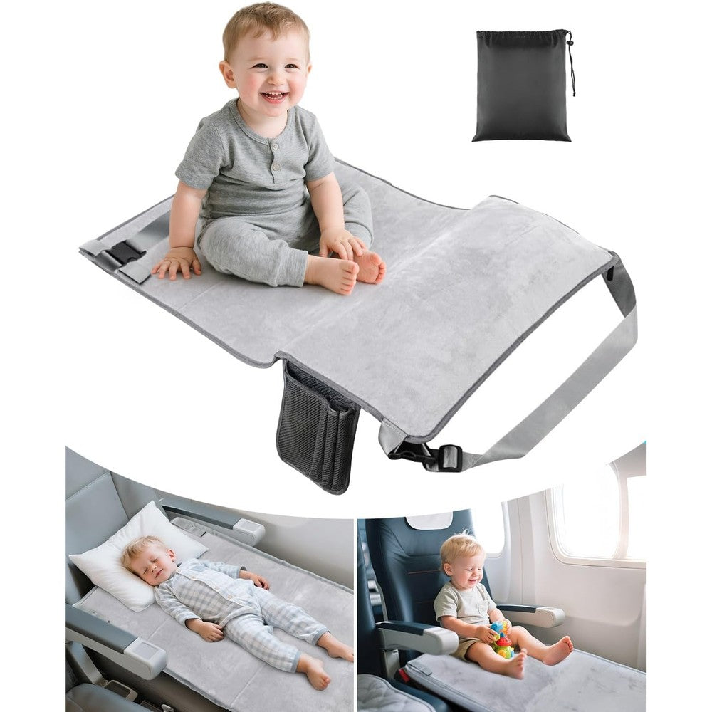 ANYSWEET Toddler Airplane Bed front view showing the grey velvet fabric extended as a seat cushion