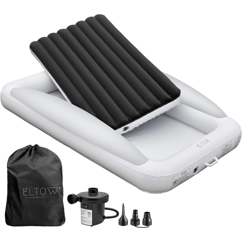 ELTOW toddler blow up mattress with sides front view showing black bumper rails