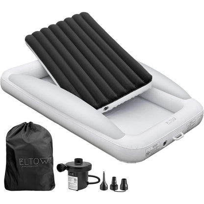 ELTOW toddler blow up mattress with sides front view showing black bumper rails