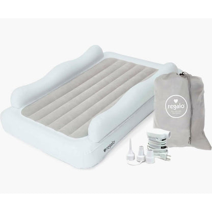 Regalo Inflatable Toddler Travel Bed front view showing safety rail bumpers