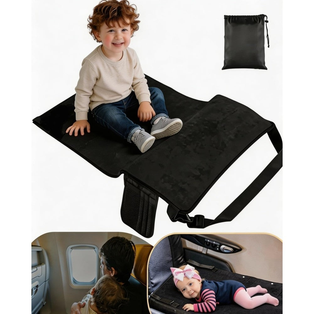 Anysweet toddler airplane bed front view installed on an economy seat as a footrest extender.