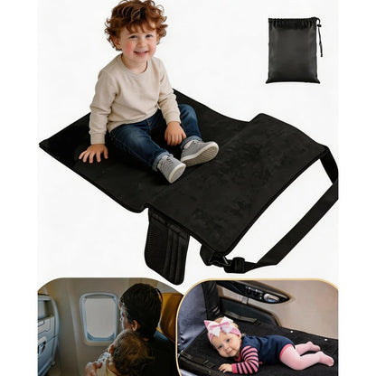 Anysweet toddler airplane bed front view installed on an economy seat as a footrest extender.