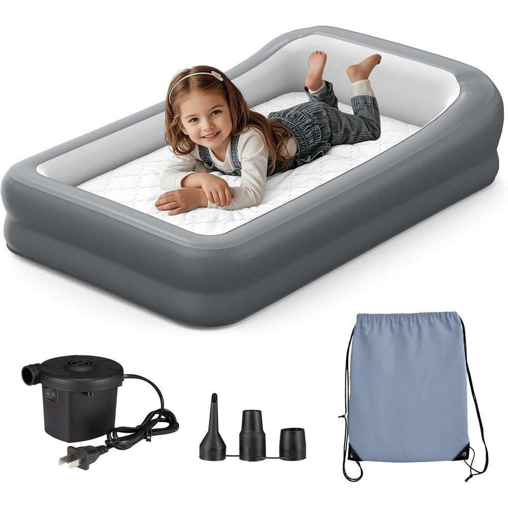 GloTika inflatable toddler travel bed front view showing protective safety bumpers and soft blue mattress setup.