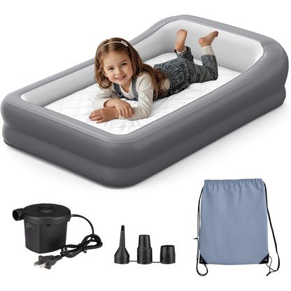 GloTika inflatable toddler travel bed front view showing protective safety bumpers and soft blue mattress setup.