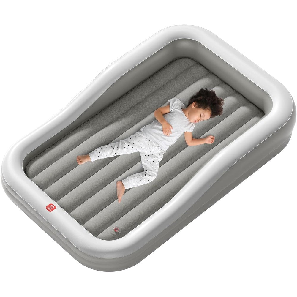 QPAU Inflatable Toddler Travel Bed front view showing the grey mattress and three-sided safety bumpers