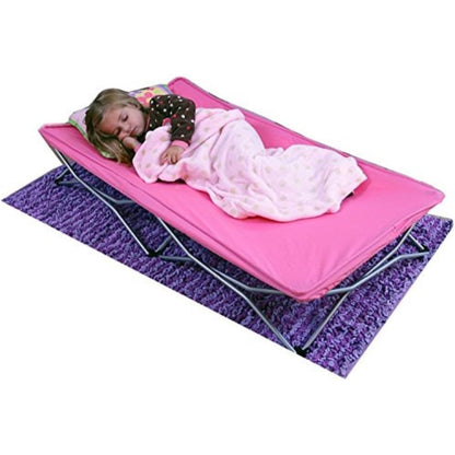 Regalo My Cot Portable Toddler Bed Pink front view fully expanded with pink fitted sheet on a clean floor