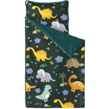 Wake In Cloud Toddler Nap Mat front view showing green Jurassic dinosaur pattern