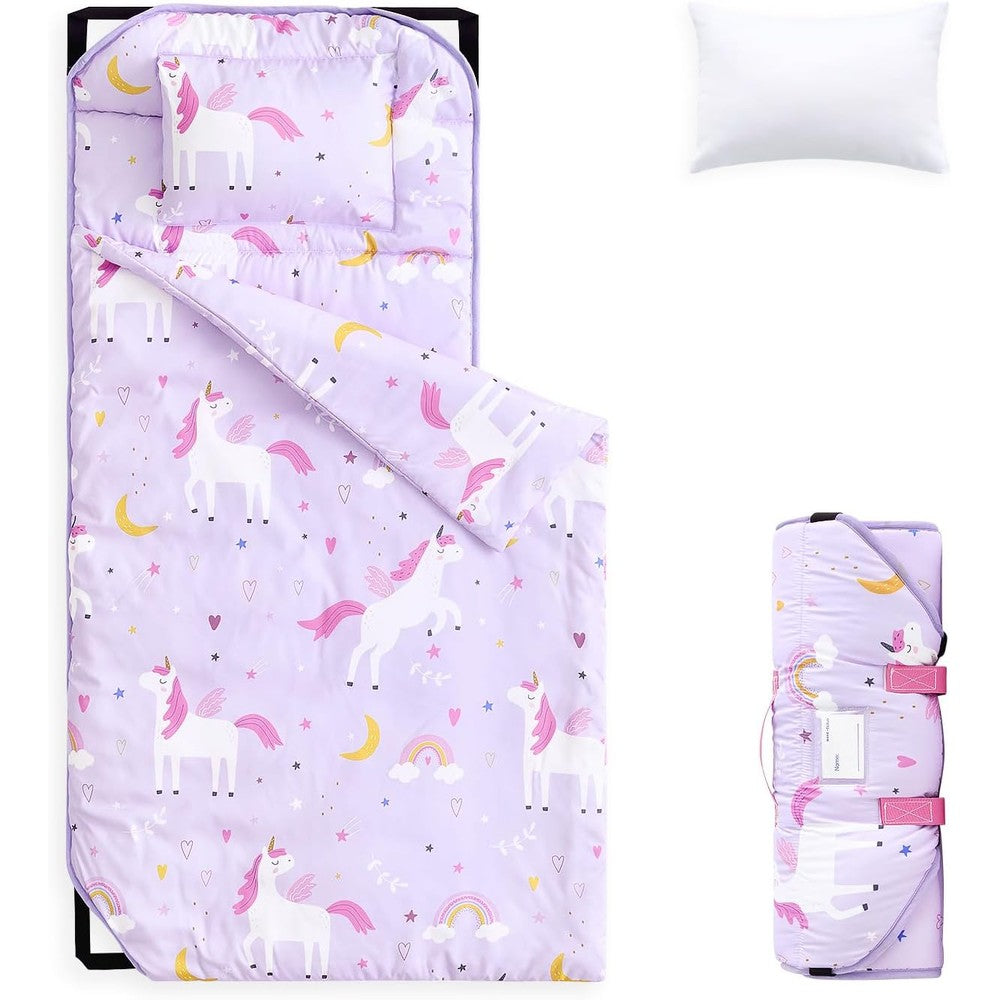 Wake In Cloud toddler cot nap mat in colorful unicorn design front view open
