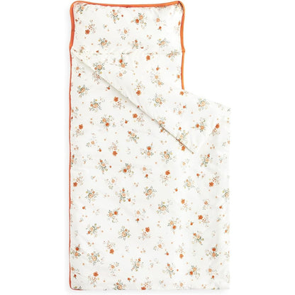 Wake In Cloud toddler nap mat standard size front view with beige orange floral design