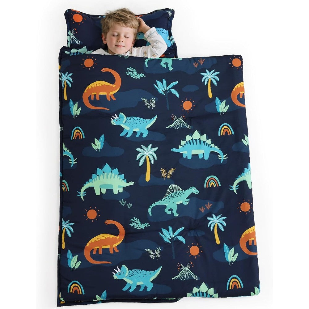 PHF Navy Dinosaur Toddler Nap Mat Set front view unrolled showing the built-in blanket and matching pillow.