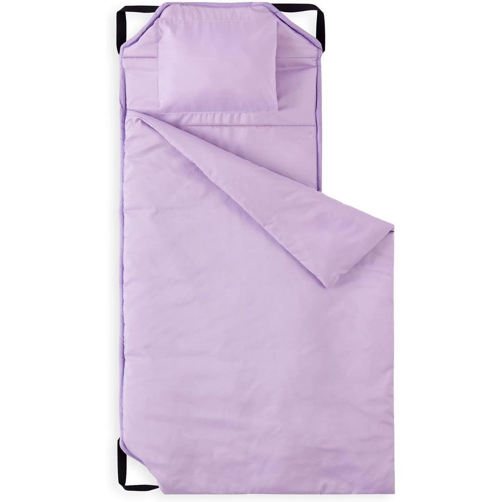 Wake In Cloud toddler cot nap mat in solid lilac front view laid out flat showing attached blanket and pillow
