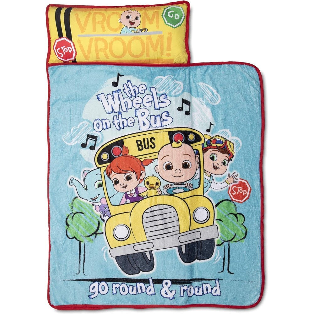 Cocomelon Kids Nap Mat Set featuring plush blanket and pillow in green