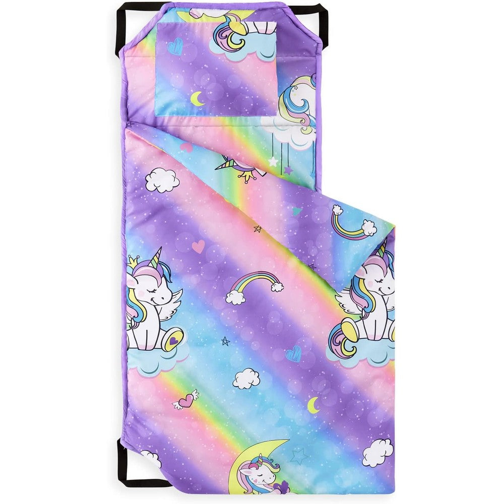 Wake In Cloud toddler cot nap mat front view showing colorful unicorn pattern on purple background