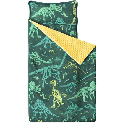 Wake In Cloud toddler nap mat front view featuring green dinosaur fossil design
