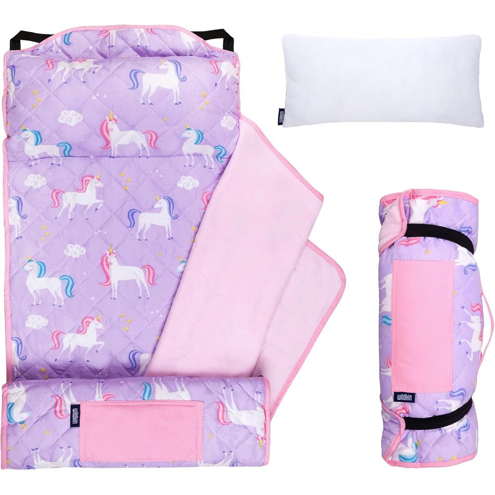 Wildkin Quilted Kids Nap Mat front view showing purple unicorn print and attached blanket.
