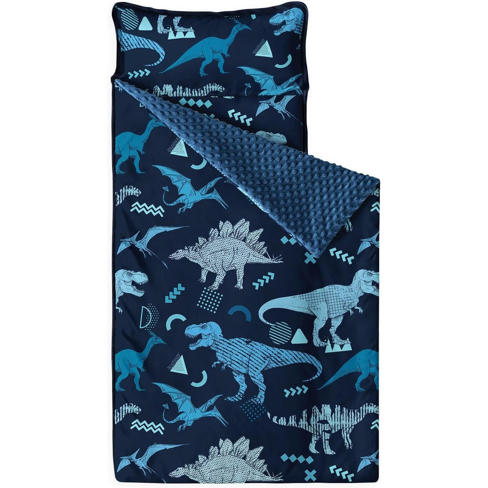 Wake In Cloud toddler nap mat front view unrolled showing navy blue dinosaur pattern