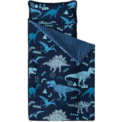 Wake In Cloud toddler nap mat front view unrolled showing navy blue dinosaur pattern