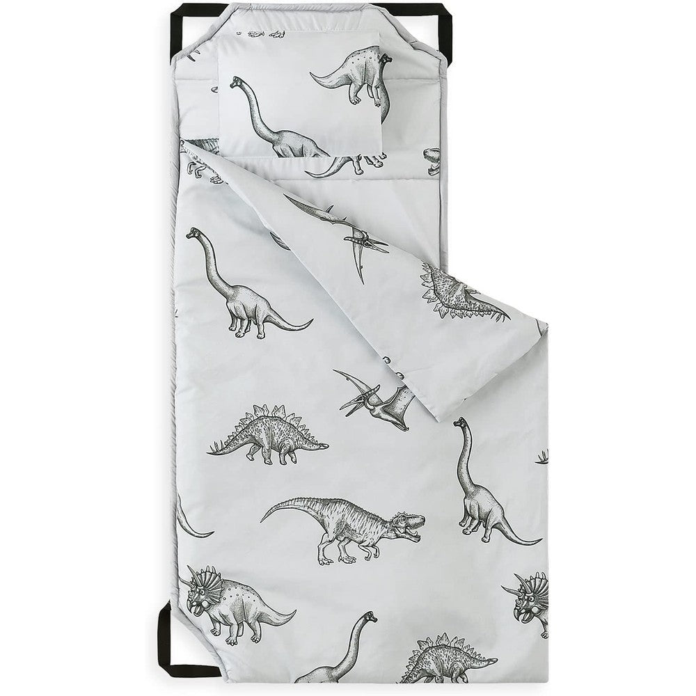 Wake In Cloud toddler nap mat front view showing grey dinosaur sketch print
