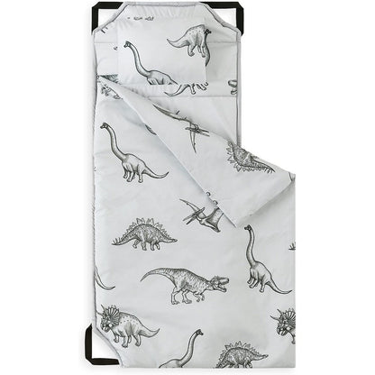 Wake In Cloud toddler nap mat front view showing grey dinosaur sketch print