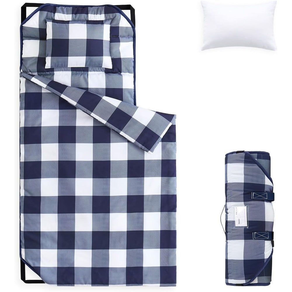 Wake In Cloud toddler cot nap mat front view showing navy blue and white buffalo check plaid pattern