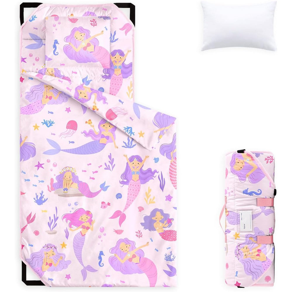 Wake In Cloud cot nap mat front view featuring light pink mermaid ocean sea animal design for toddler girls.