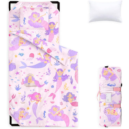 Wake In Cloud cot nap mat front view featuring light pink mermaid ocean sea animal design for toddler girls.