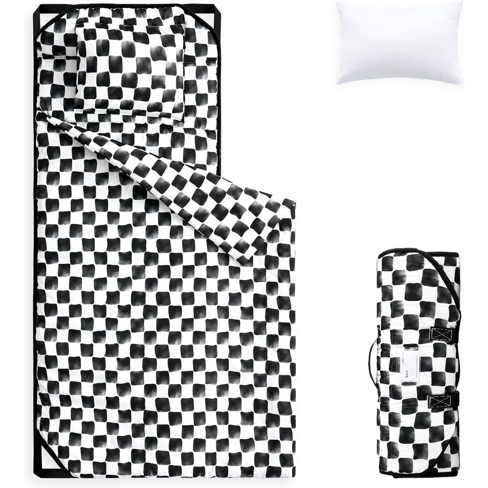 Wake In Cloud toddler cot nap mat front view in black and white gingham grid checkered pattern