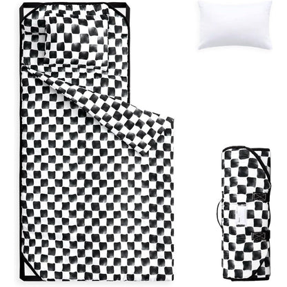 Wake In Cloud toddler cot nap mat front view in black and white gingham grid checkered pattern