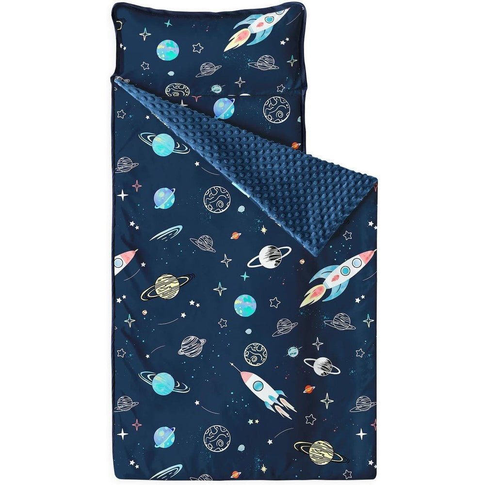 Wake In Cloud toddler nap mat front view space rocket navy blue design