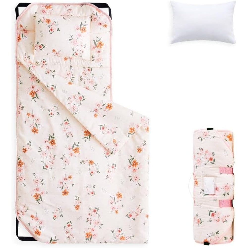 Wake In Cloud toddler cot nap mat front view featuring pink floral patterns