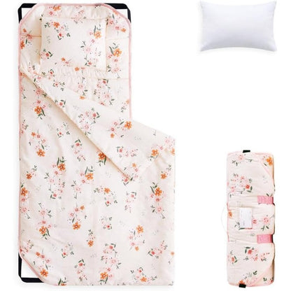 Wake In Cloud toddler cot nap mat front view featuring pink floral patterns