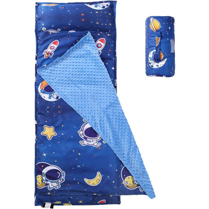 NapCure Toddler Nap Mat Space front view unrolled showing the blue and orange outer space adventure pattern