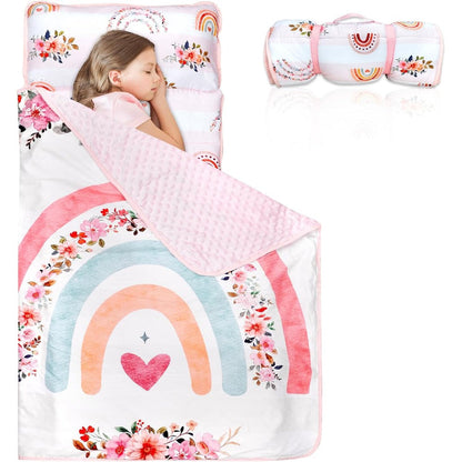 Pea Pod Toddler Nap Mat front view featuring rainbow floral pattern