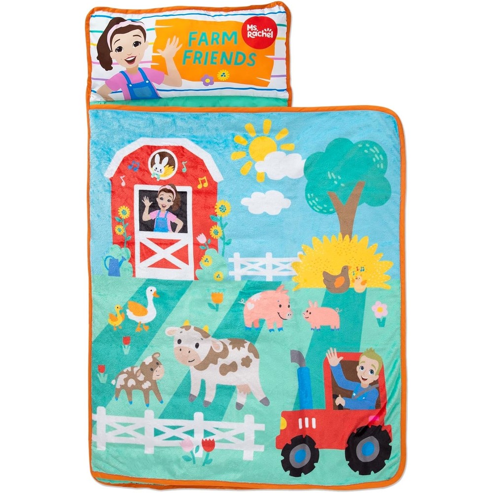 Ms. Rachel Farm Friends Toddler Nap Mat front view unrolled showing the colorful farm animal print